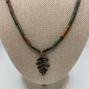 River Jasper Green and Brown Leaf Pendant Necklace
